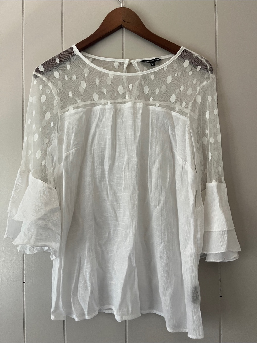 Unique Spectrum White Sheer Dot Yoke Ruffle Sleeve Blouse
